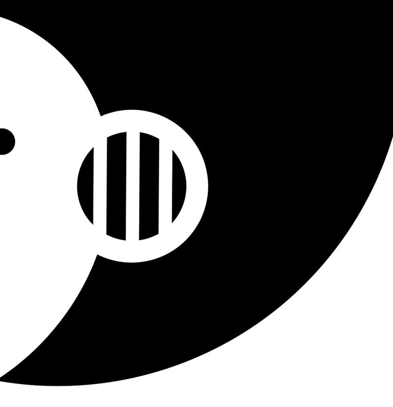 May include: Black and white yin yang symbol with a circle containing vertical bars in the black half.