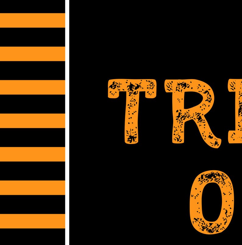 Puede incluir: Texto naranja sobre fondo negro que dice "Trick or Treat". El texto tiene un aspecto desgastado y vintage.