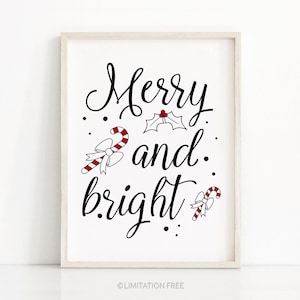 Christmas Print Merry And Bright, Printable Christmas Decor, Instant Download Christmas Printables, Holiday Print, Black And White Christmas image 1