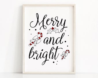Christmas Print Merry And Bright, Printable Christmas Decor, Instant Download Christmas Printables, Holiday Print, Black And White Christmas