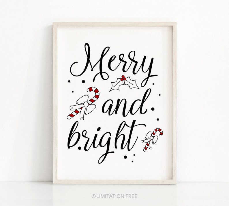 Christmas Print Merry And Bright, Printable Christmas Decor, Instant Download Christmas Printables, Holiday Print, Black And White Christmas image 1