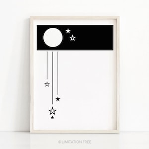 Black And White Nursery Art, Moon And Stars Nursery Print, Kids Art Print, Modern Nursery Decor, Monochrome Nursery, Kids Wall Art, Baby Art