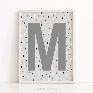 Letra M de la guardería del niño, arte imprimible de la guardería, arte de la habitación de los niños, decoración de la guardería gris, impresión inicial de la guardería, impresiones de los niños, arte de la pared de los niños imprimible