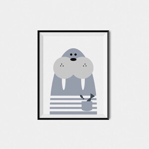 May include: A gray and white illustration of a walrus with a bucket of fish in its pocket. The walrus is wearing a striped shirt.