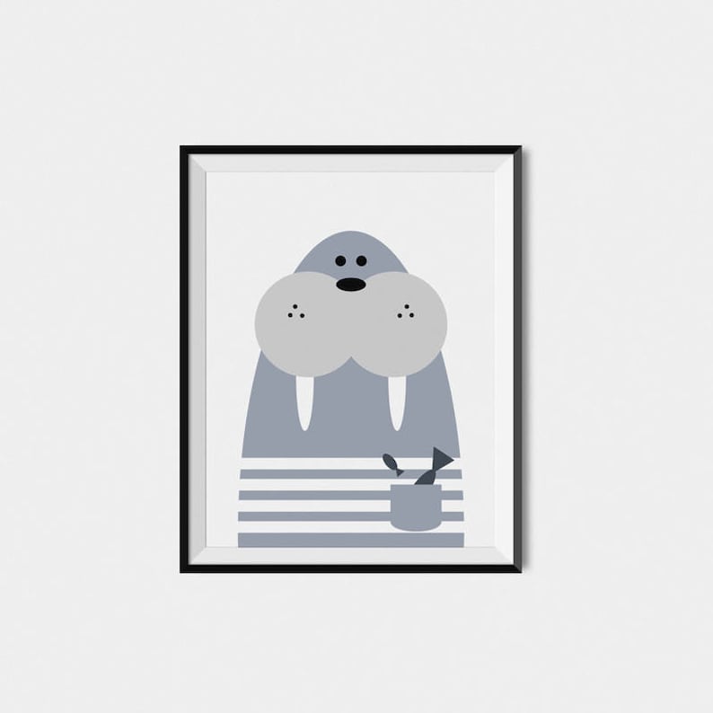 May include: A gray and white illustration of a walrus with a bucket of fish in its pocket. The walrus is wearing a striped shirt.