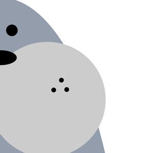 May include: A gray cartoon animal with a large belly and three black dots on its belly. The animal has a black nose and a black eye.