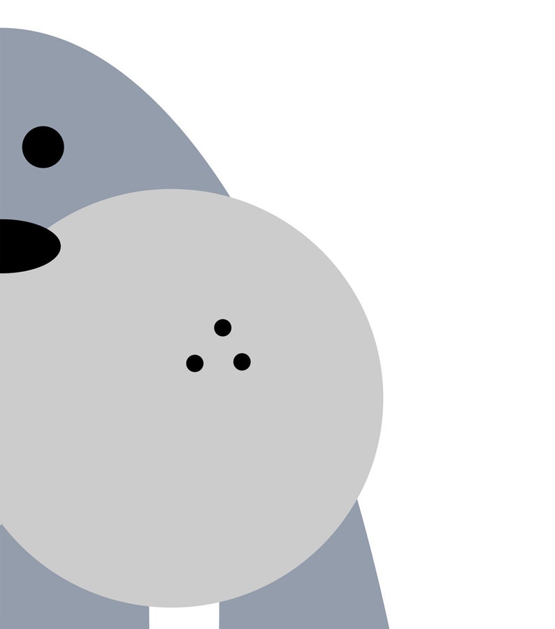 May include: A gray cartoon animal with a large belly and three black dots on its belly. The animal has a black nose and a black eye.