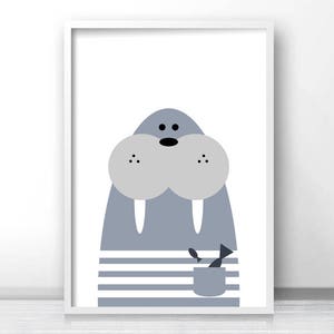 May include: A gray and white cartoon walrus with a striped shirt and a small fish in its mouth. The walrus is smiling and has a friendly expression.
