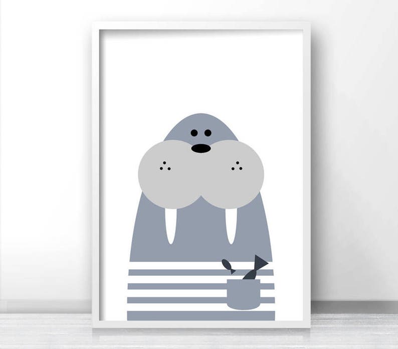 May include: A gray and white cartoon walrus with a striped shirt and a small fish in its mouth. The walrus is smiling and has a friendly expression.