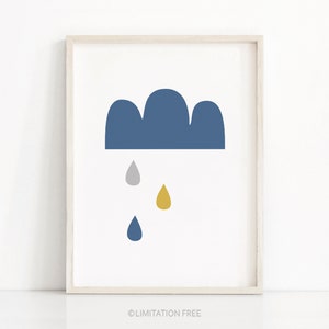 May include: A framed print with a blue cloud and three raindrops in gray, yellow, and blue.