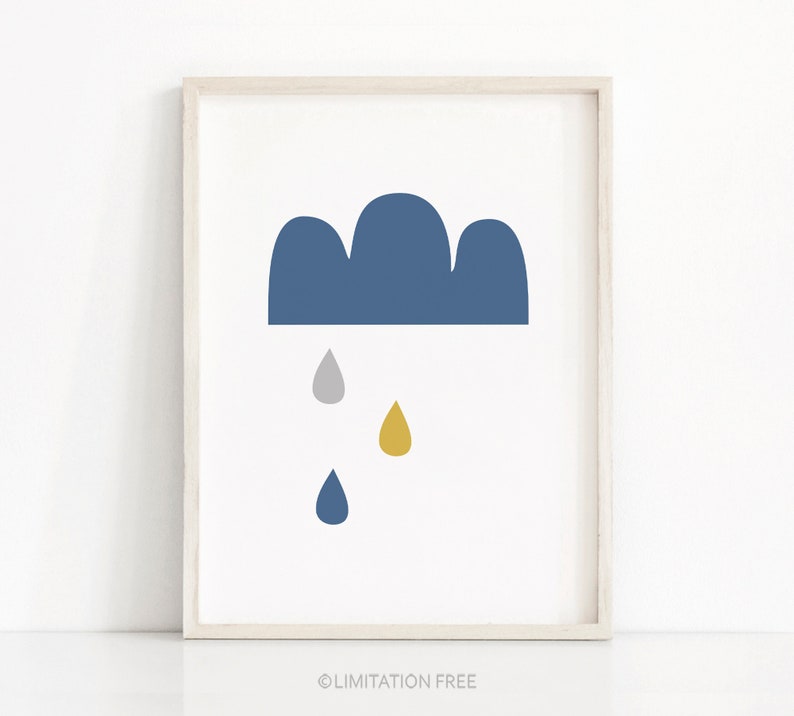 May include: A framed print with a blue cloud and three raindrops in gray, yellow, and blue.