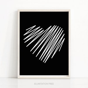 May include: A black and white minimalist art print featuring a heart shape created with white lines on a black background.