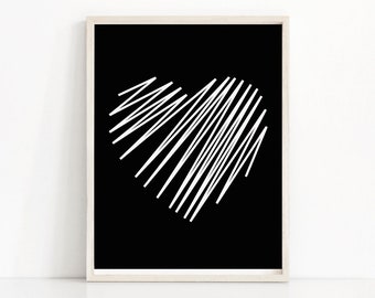 Herz Wand Kunst, schwarz und weiß Druck, digitaler Download Kunst, Herz Wand Kunst druckbar, digitale Kunst, Wohnkultur Kunst, moderne Kunst Druck