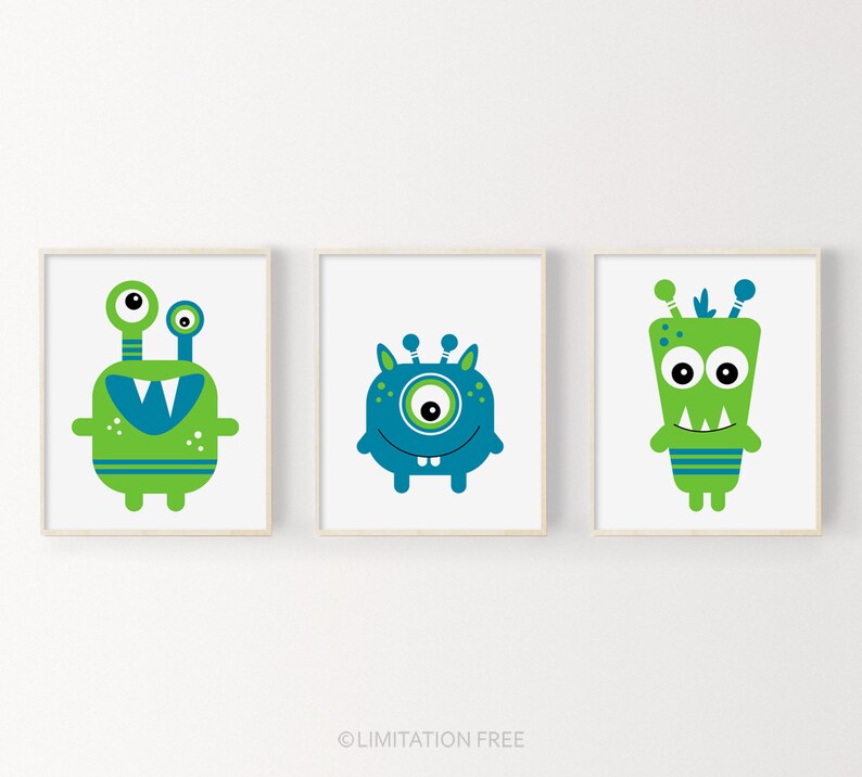 Monster Nursery Wall Art Print, Set Of 3 Monster Wall Art Prints For Kids, Kids Wall Art Set, Boys Room Art, Playroom Decor, Boy Nursery Art image 1