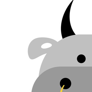 May include: A cartoon illustration of a gray cow with a black horn, black eyes, and a yellow nose. The cow is looking to the right.