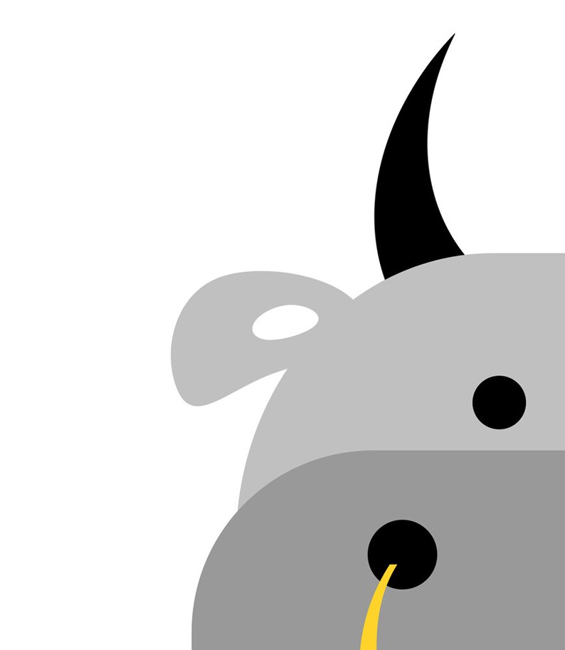 May include: A cartoon illustration of a gray cow with a black horn, black eyes, and a yellow nose. The cow is looking to the right.