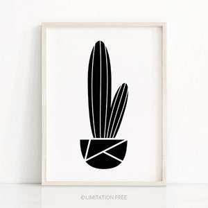 May include: Black and white geometric illustration of a cactus in a pot. The cactus has a tall, slender shape with multiple segments. The pot is a simple, rounded shape with a geometric pattern.