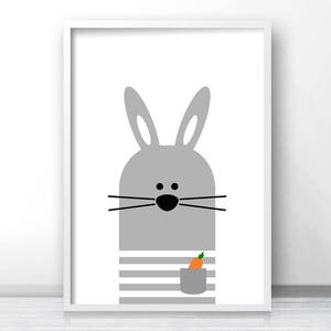 May include: A gray bunny with black eyes and a carrot in its pocket. The bunny is wearing a striped shirt. The background is white.