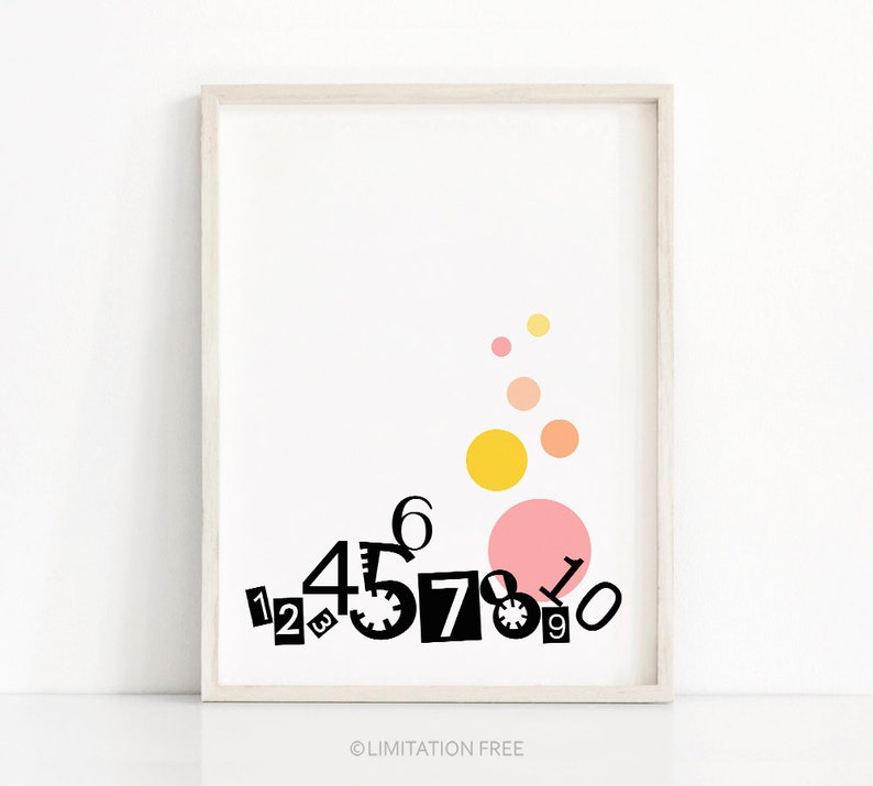 May include: A printable art print with a white background featuring black numbers 1, 2, 3, 4, 5, 6, 7, 8, 9, 10 in a playful arrangement. The numbers are surrounded by pink and yellow circles.
