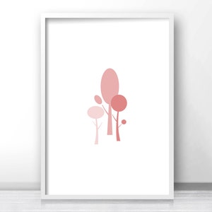 May include: A digital art print featuring three pink trees with rounded tops. The trees are arranged in a cluster, with the tallest tree in the center.