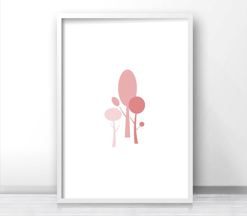 May include: A digital art print featuring three pink trees with rounded tops. The trees are arranged in a cluster, with the tallest tree in the center.