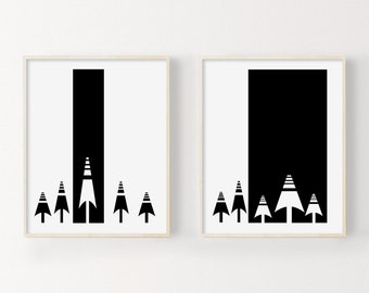 Scandinavian Prints, Modern Art Print,  Set of 2 Black and White Wall Art Prints,  Minimalist Art,  Forest Trees Art, Black and White Decor