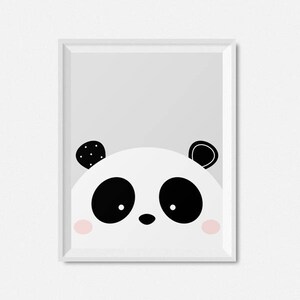 May include: A black and white panda bear face with pink cheeks, against a light grey background. The panda's eyes are closed and it has a small black nose.