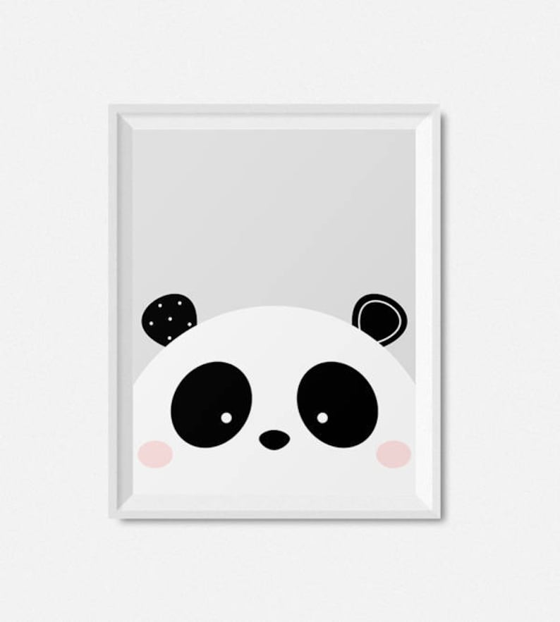 May include: A black and white panda bear face with pink cheeks, against a light grey background. The panda's eyes are closed and it has a small black nose.