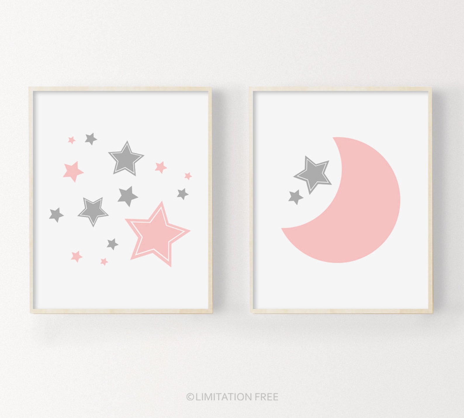 Moon and Stars Nursery Prints Printable Nursery Art Pink Etsy