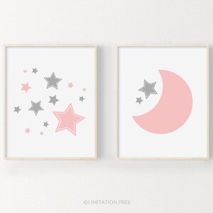 Moon And Stars Nursery Prints, Printable Nursery Art, Pink Gray Nursery Decor, Baby Girl Prints, Baby Wall Art, Set Of Prints For Nursery