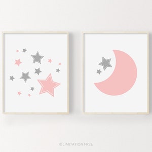 Moon And Stars Nursery Prints, Printable Nursery Art, Pink Gray Nursery Decor, Baby Girl Prints, Baby Wall Art, Set Of Prints For Nursery