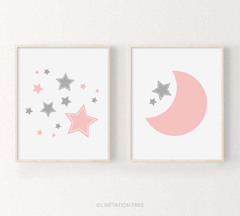 Moon and Stars Nursery Prints Printable Nursery Art Pink Etsy Australia