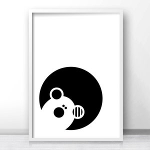 May include: Black and white minimalist art print featuring a stylized bear head with a circle shape.