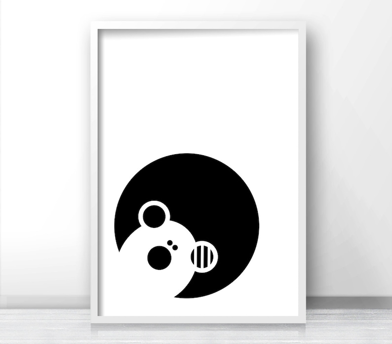 May include: Black and white minimalist art print featuring a stylized bear head with a circle shape.