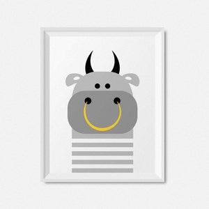 May include: A gray bull with black horns and eyes, a yellow ring for a mouth, and a gray and white striped body. The bull is in a white frame.