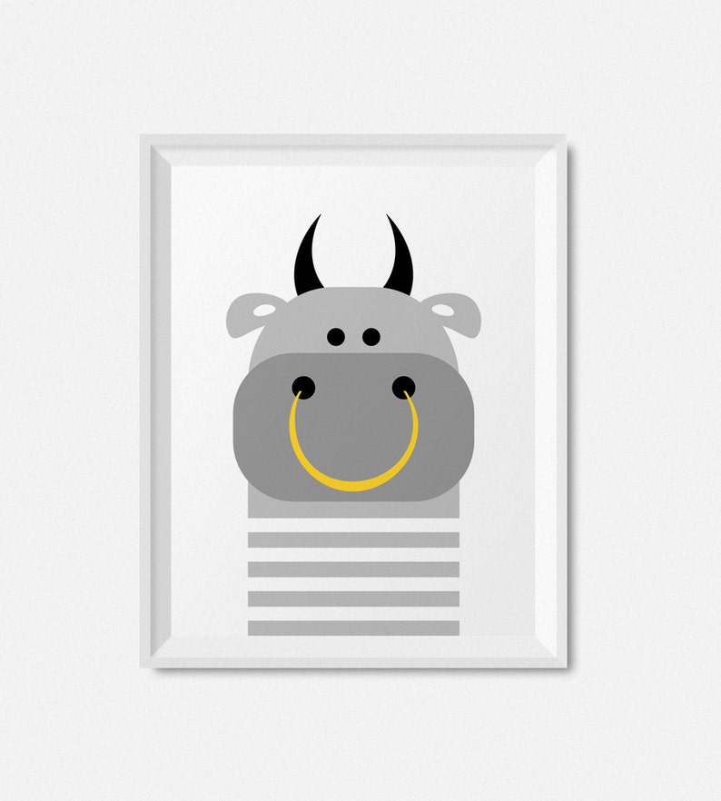May include: A gray bull with black horns and eyes, a yellow ring for a mouth, and a gray and white striped body. The bull is in a white frame.
