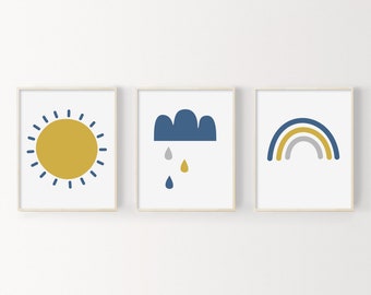 Nursery Wall Art Set Of 3, Boy Nursery Prints, Rainbow Cloud Sun Nursery Art, Dark Blue Nursery Printable Art, Kids Decor, Instant Download