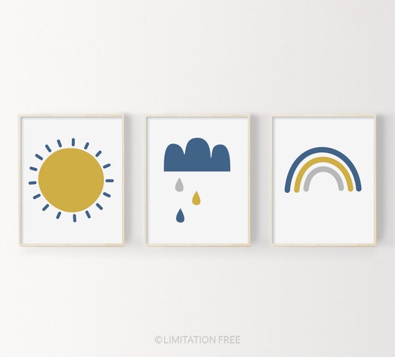 Nursery Wall Art Set Of 3, Boy Nursery Prints, Rainbow Cloud Sun Nursery Art, Dark Blue Nursery Printable Art, Kids Decor, Instant Download