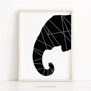 May include: Black and white geometric line art print of an elephant's head. The lines create a pattern within the silhouette of the elephant.