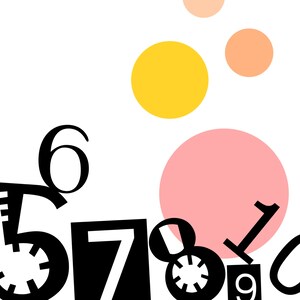 May include: Black numbers 5, 6, 7, 8, 9, 0 and 1 are scattered on a white background with pink and yellow circles.