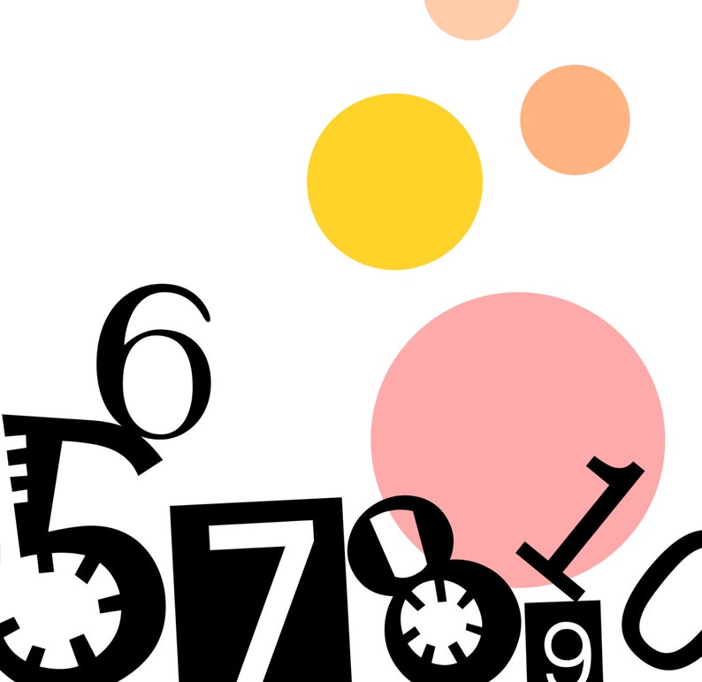 May include: Black numbers 5, 6, 7, 8, 9, 0 and 1 are scattered on a white background with pink and yellow circles.