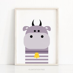 May include: A purple cow with black horns and eyes, wearing a striped shirt with a yellow bell. The cow is on a white background.