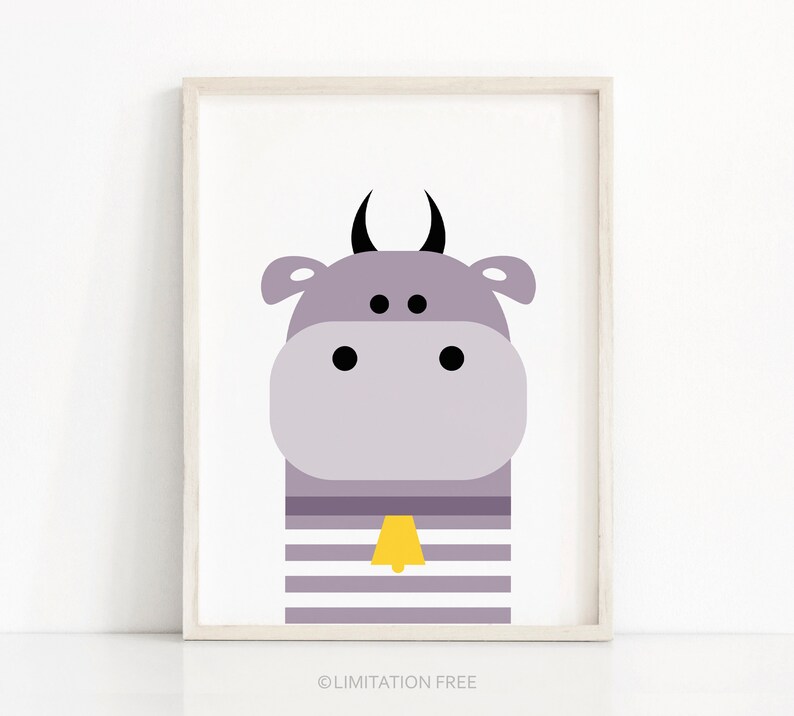 May include: A purple cow with black horns and eyes, wearing a striped shirt with a yellow bell. The cow is on a white background.