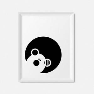 May include: Black and white minimalist illustration of a bear's face. The bear's face is partially hidden behind a black circle.