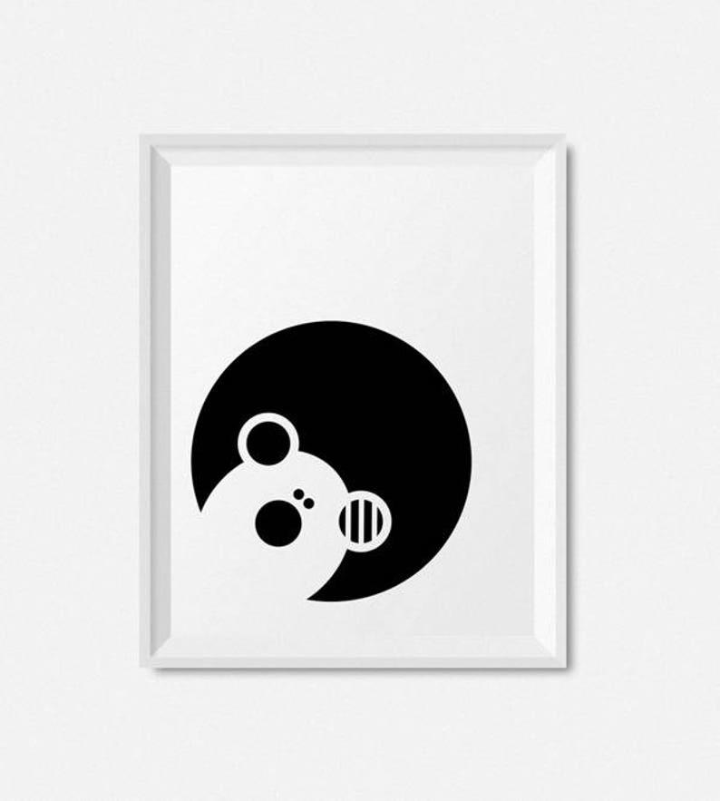 May include: Black and white minimalist illustration of a bear's face. The bear's face is partially hidden behind a black circle.