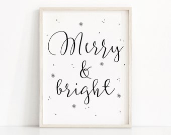 Merry And Bright Christmas Print, Printable Christmas Decor, Instant Download Christmas Printables, Holiday Print, Black And White Christmas