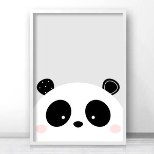 May include: Black and white illustration of a panda bear's face with pink cheeks. The panda is looking directly at the viewer.