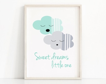 Mint Green And Gray Nursery Decor Sweet Dreams Sign,  Kids Wall Art Print,  Baby Nursery Wall Print, Clouds Nursery Wall Art,  Nursery Print