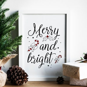Christmas Print Merry And Bright, Printable Christmas Decor, Instant Download Christmas Printables, Holiday Print, Black And White Christmas image 3