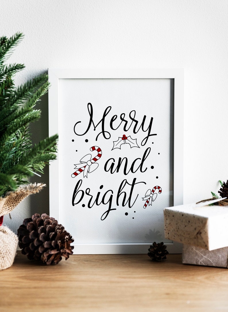 Christmas Print Merry And Bright, Printable Christmas Decor, Instant Download Christmas Printables, Holiday Print, Black And White Christmas image 3